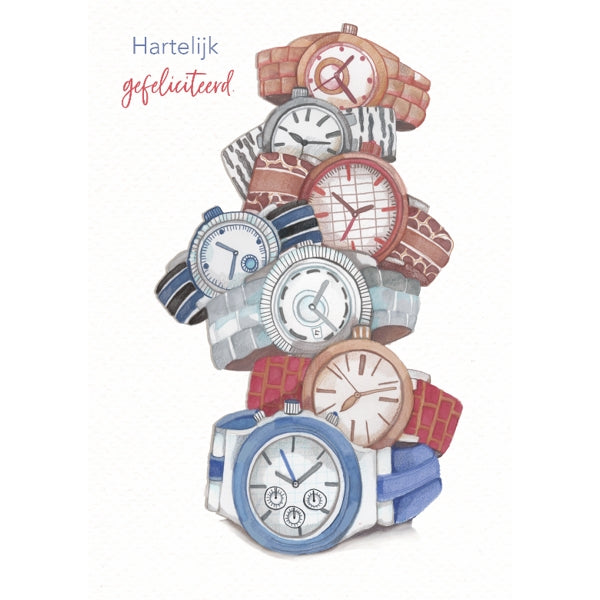 Wenskaart hartelijkgefeliciteerd, horloges (F10035)