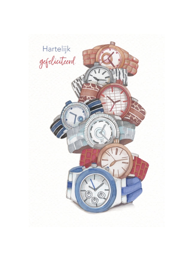 Wenskaart hartelijkgefeliciteerd, horloges (F10035)