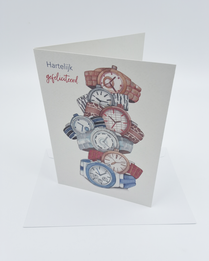 Wenskaart hartelijkgefeliciteerd, horloges (F10035)