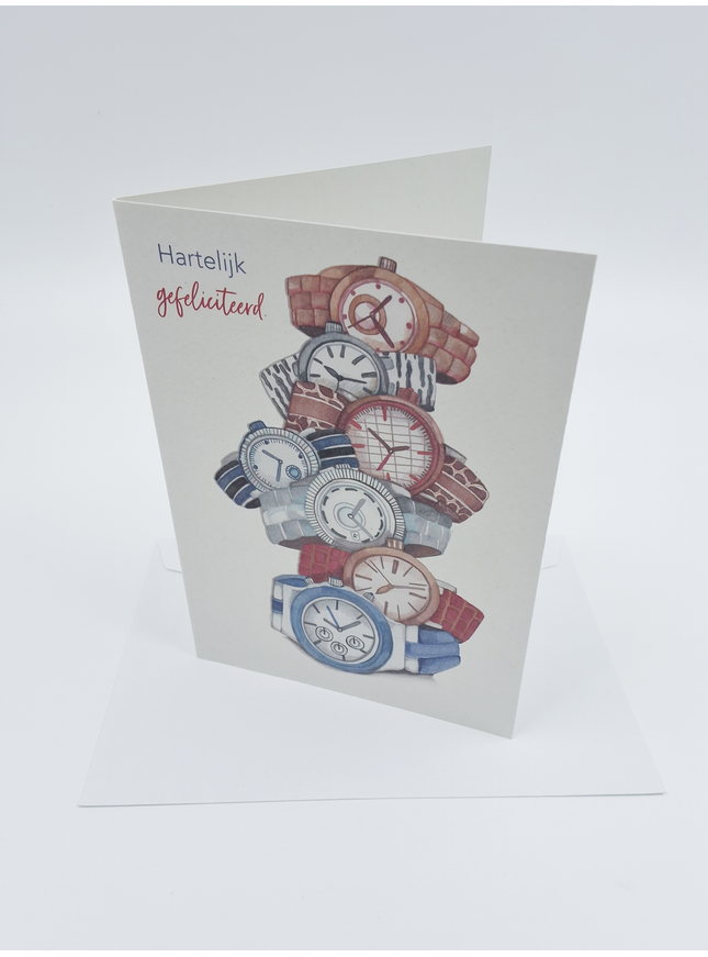 Wenskaart hartelijkgefeliciteerd, horloges (F10035)