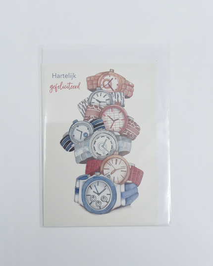 Wenskaart hartelijkgefeliciteerd, horloges (F10035)