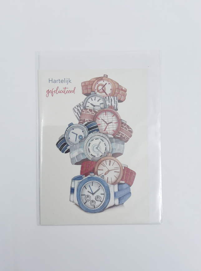 Wenskaart hartelijkgefeliciteerd, horloges (F10035)