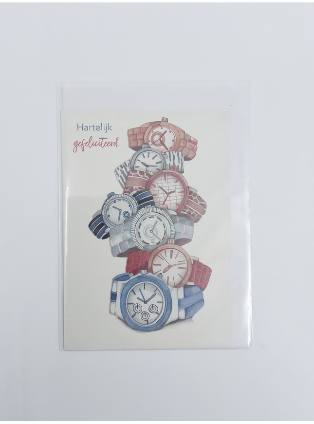 Wenskaart hartelijkgefeliciteerd, horloges (F10035)