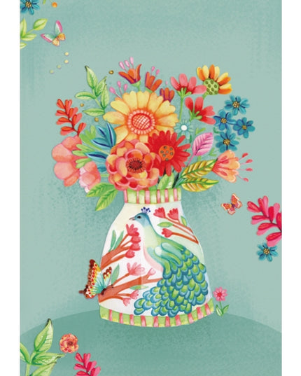Wenskaart vaas met pauw en bloemen (F10039)