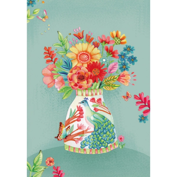 Wenskaart vaas met pauw en bloemen (F10039)