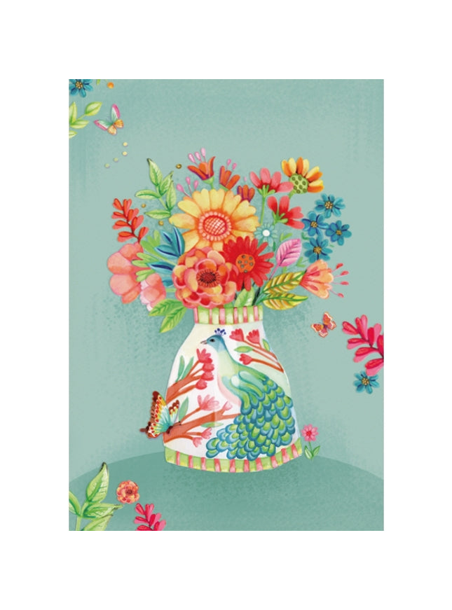 Wenskaart vaas met pauw en bloemen (F10039)