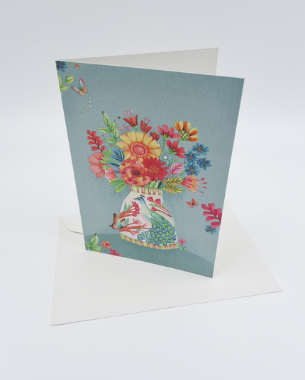 Wenskaart vaas met pauw en bloemen (F10039)