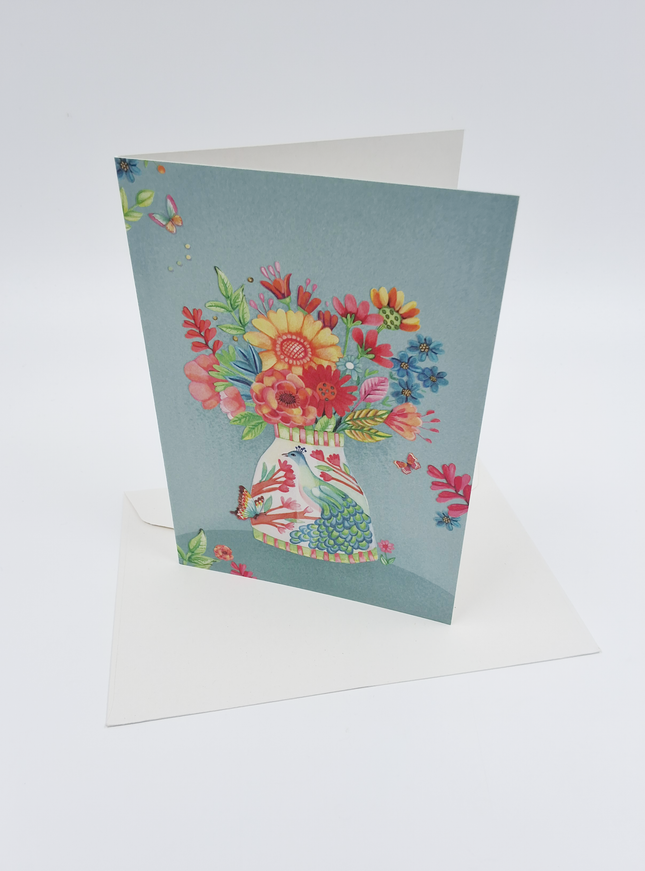 Wenskaart vaas met pauw en bloemen (F10039)