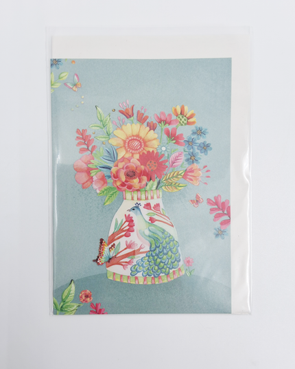 Wenskaart vaas met pauw en bloemen (F10039)