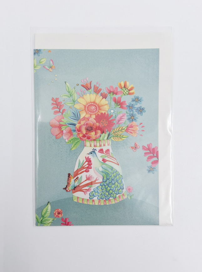 Wenskaart vaas met pauw en bloemen (F10039)