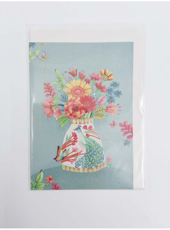 Wenskaart vaas met pauw en bloemen (F10039)