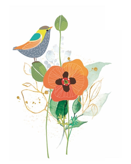 Wenskaart vogel op bloemen (F10041)
