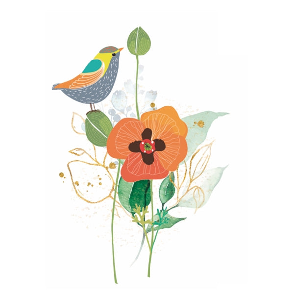 Wenskaart vogel op bloemen (F10041)