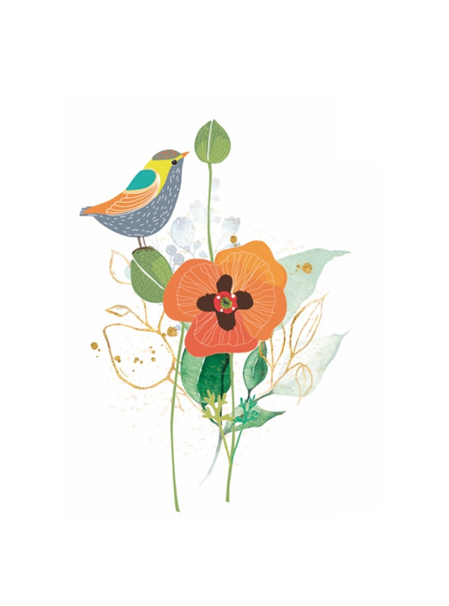 Wenskaart vogel op bloemen (F10041)