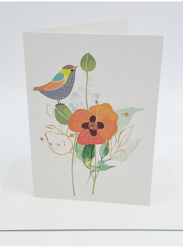 Wenskaart vogel op bloemen (F10041)