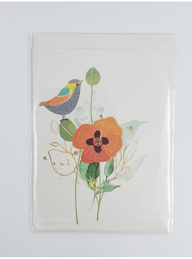 Wenskaart vogel op bloemen (F10041)