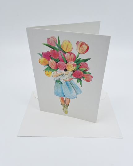 Wenskaart meisje met tulpen (F10065)