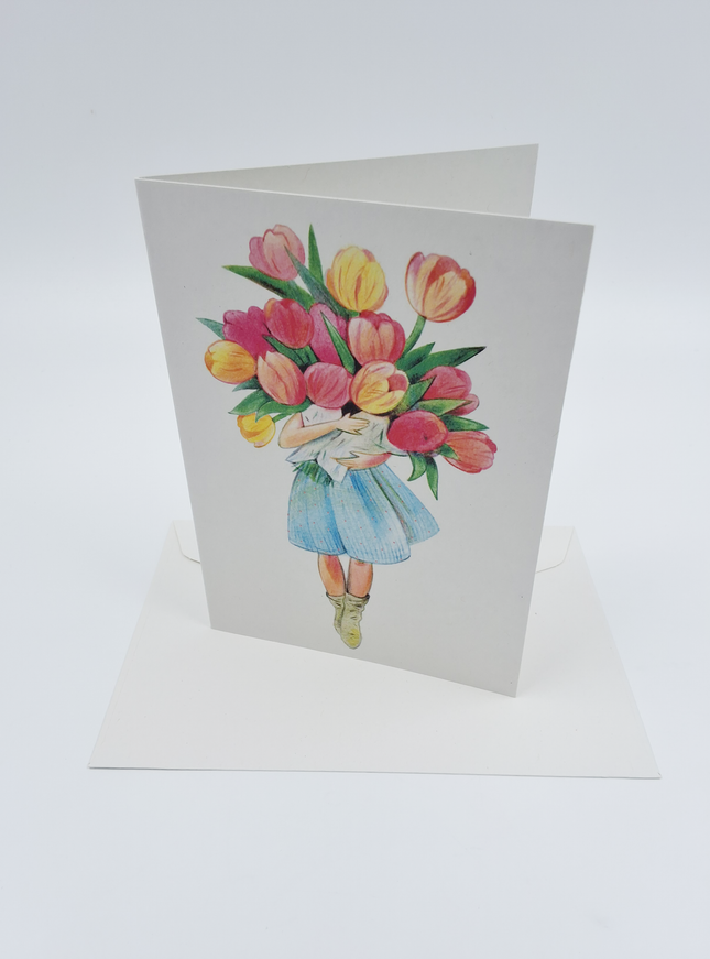 Wenskaart meisje met tulpen (F10065)