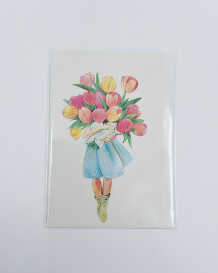 Wenskaart meisje met tulpen (F10065)