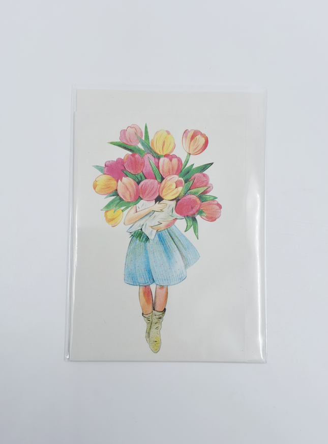 Wenskaart meisje met tulpen (F10065)