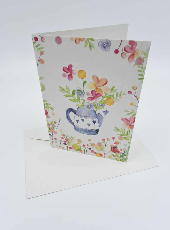 Wenskaart theepot met bloemen (F10082)