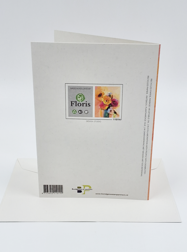 Wenskaart vaas met geel boeket (F11014)
