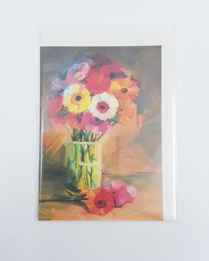 Wenskaart vaas met boeket op tafel (F11015)