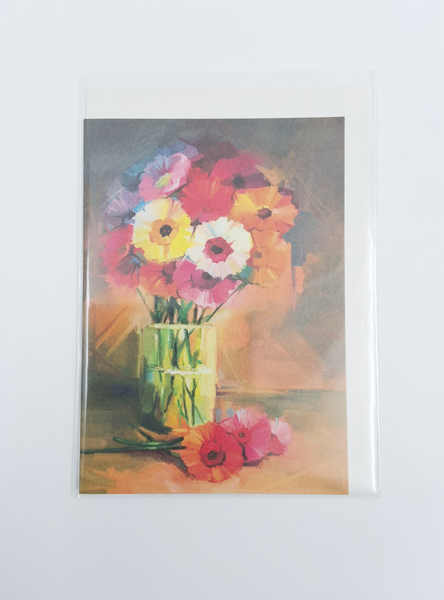 Wenskaart vaas met boeket op tafel (F11015)