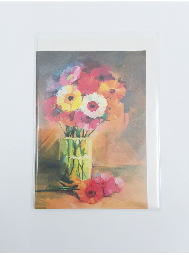 Wenskaart vaas met boeket op tafel (F11015)