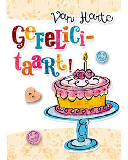 Wenskaart van harte gefeliciteerd, taart (F11057)