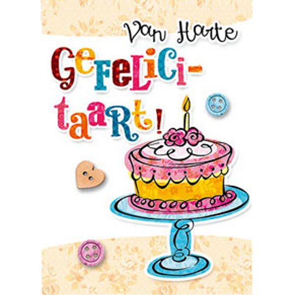 Wenskaart van harte gefeliciteerd, taart (F11057)