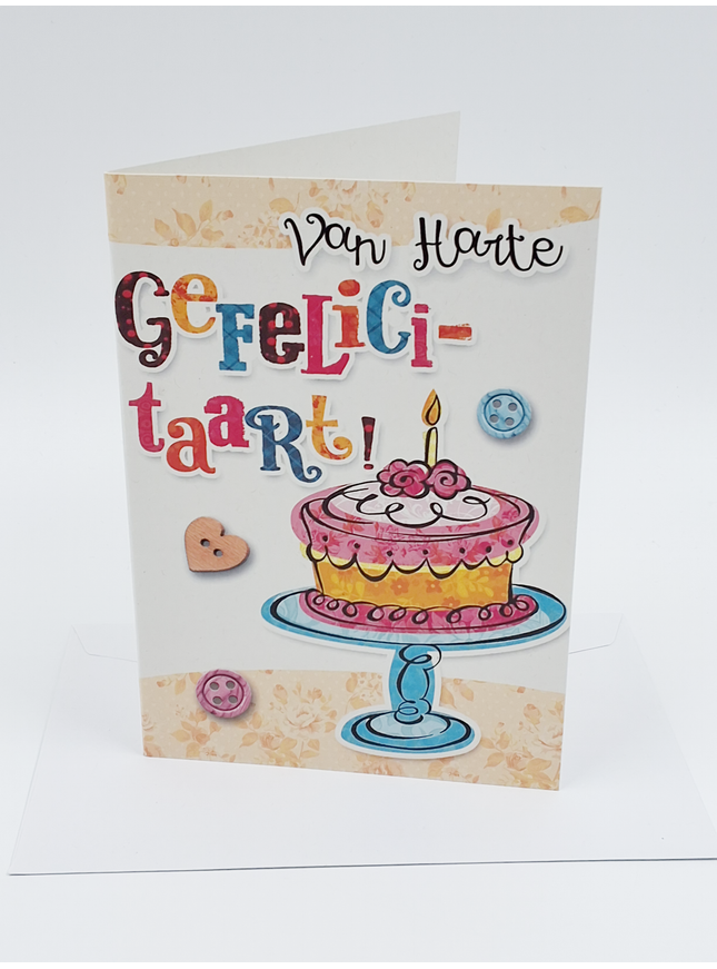 Wenskaart van harte gefeliciteerd, taart (F11057)