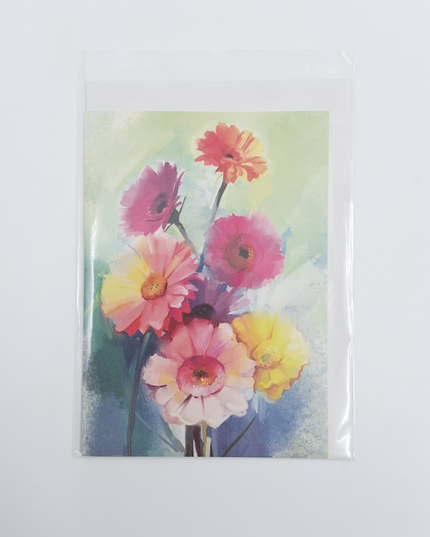 Greeting card spring flowers pink yellow (F11076)