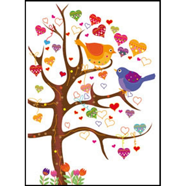 Wenskaart boom vogels hartjes (F11086)