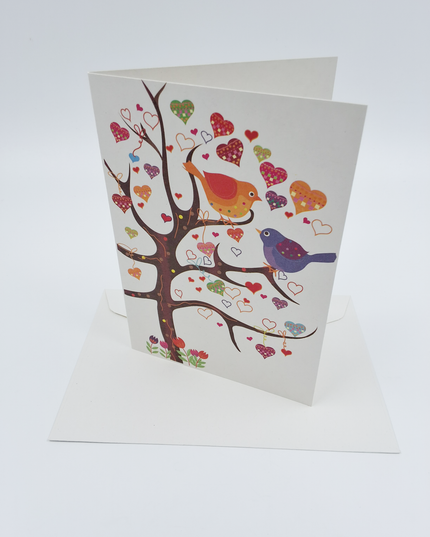 Wenskaart boom vogels hartjes (F11086)
