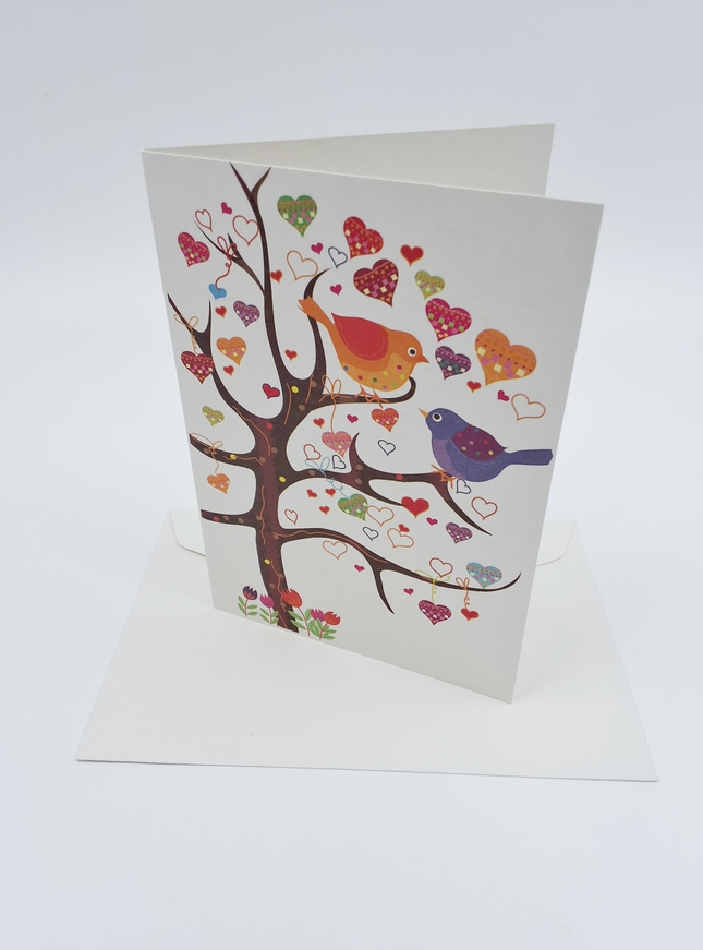 Wenskaart boom vogels hartjes (F11086)