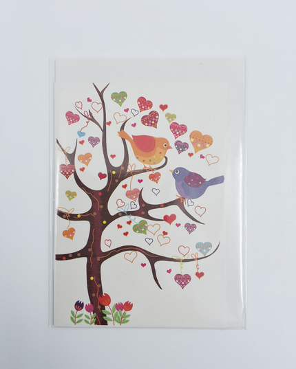 Wenskaart boom vogels hartjes (F11086)