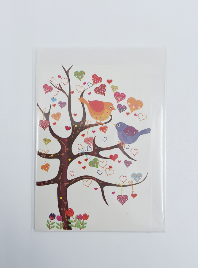 Wenskaart boom vogels hartjes (F11086)
