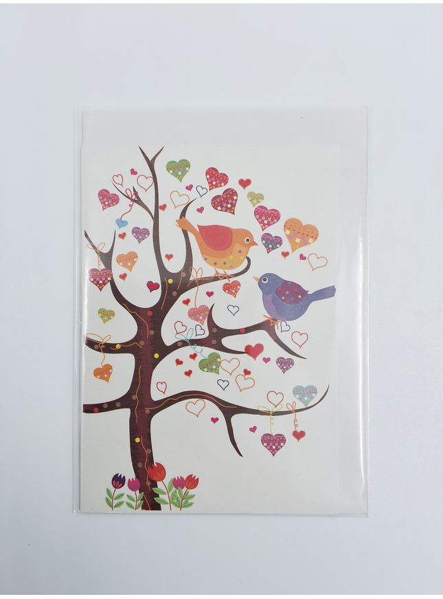 Wenskaart boom vogels hartjes (F11086)