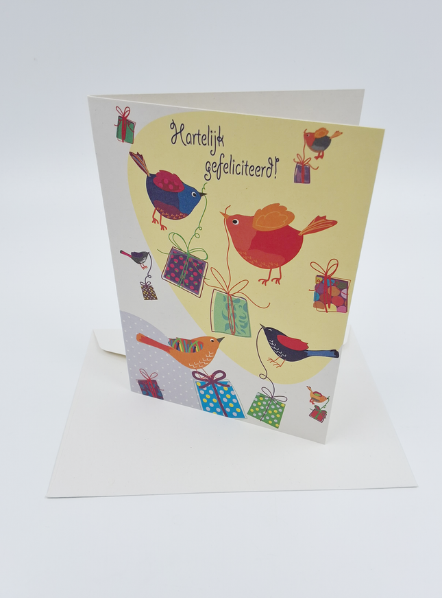 Wenskaart vogels cadeautjes, gefeliciteerd (F11087)