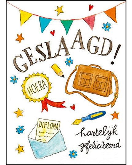 Wenskaart schooltas, geslaagd (F11089)