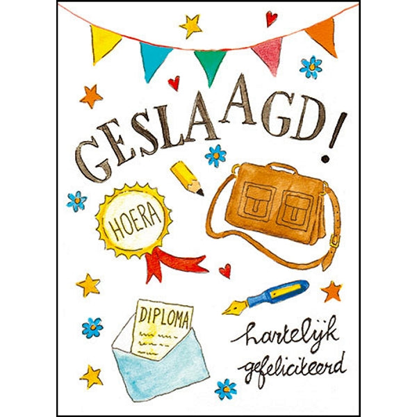Wenskaart schooltas, geslaagd (F11089)
