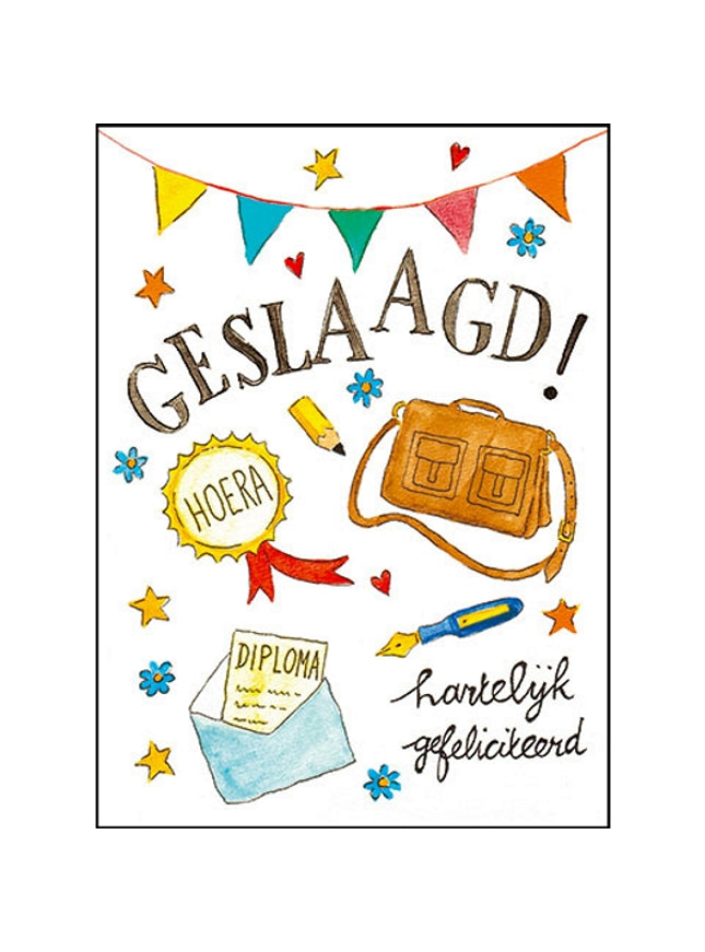 Wenskaart schooltas, geslaagd (F11089)