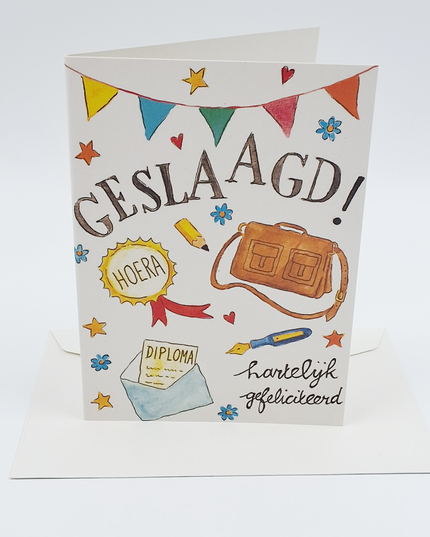Wenskaart schooltas, geslaagd (F11089)
