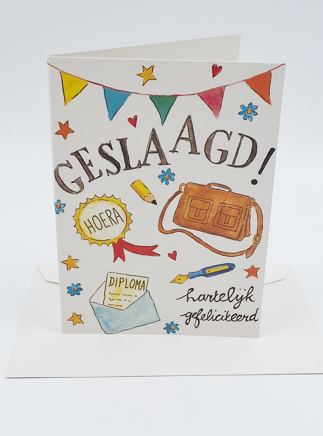 Wenskaart schooltas, geslaagd (F11089)