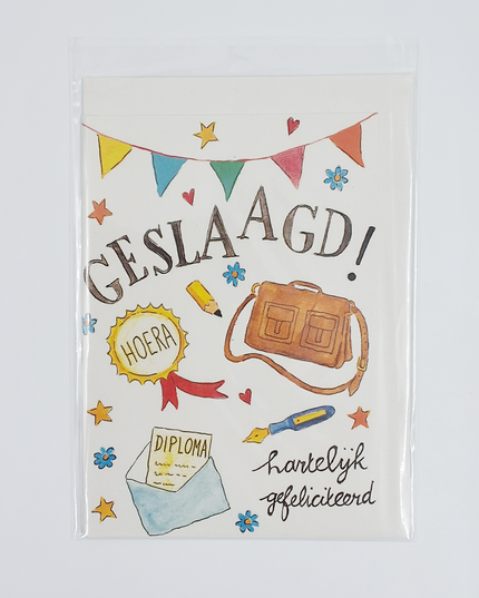 Wenskaart schooltas, geslaagd (F11089)