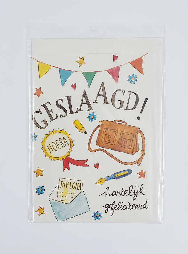 Wenskaart schooltas, geslaagd (F11089)