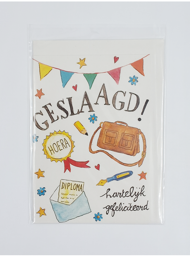 Wenskaart schooltas, geslaagd (F11089)