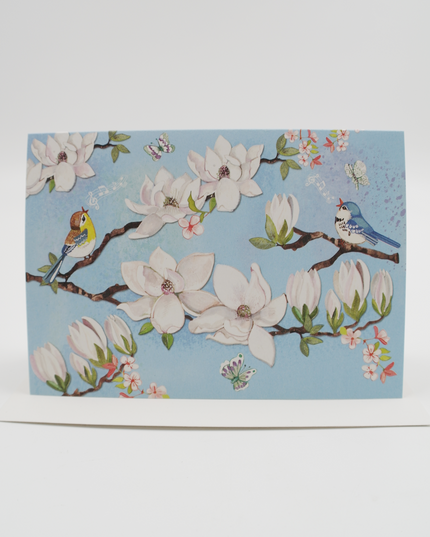 Wenskaart bloemen en vogels, blauw (F11173)