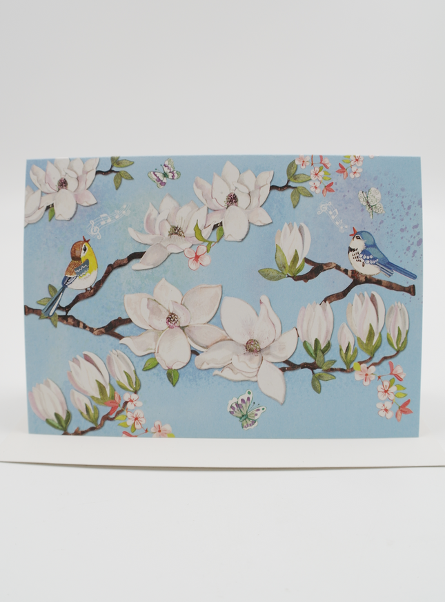 Wenskaart bloemen en vogels, blauw (F11173)